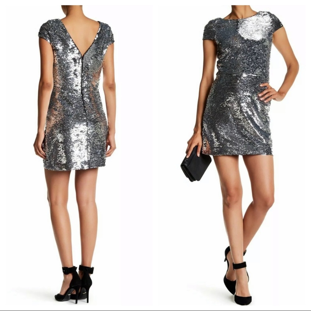 Vince Camuto Silver Sequin V Back Bodycon Dress